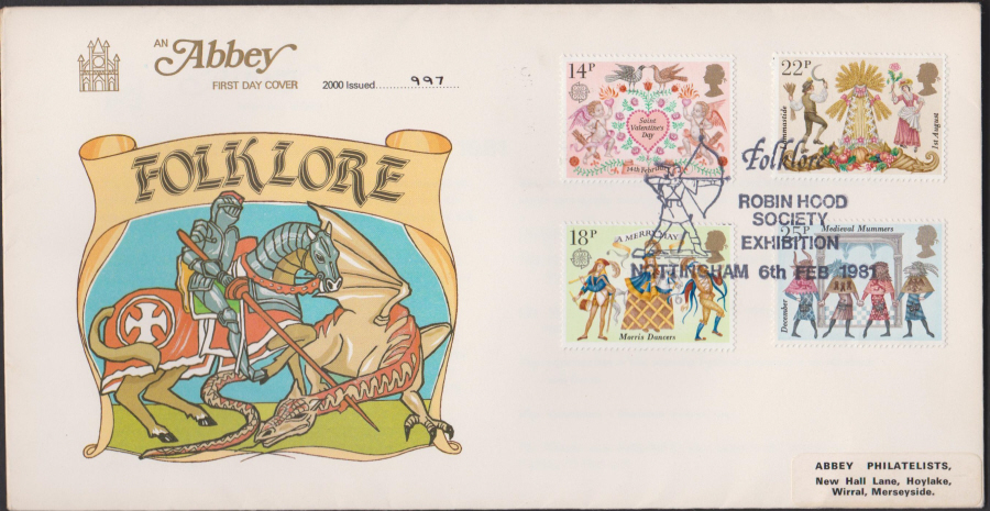 1981 Abbey FDC Folklore Robin Hood Society Nottingham Postmark - Click Image to Close